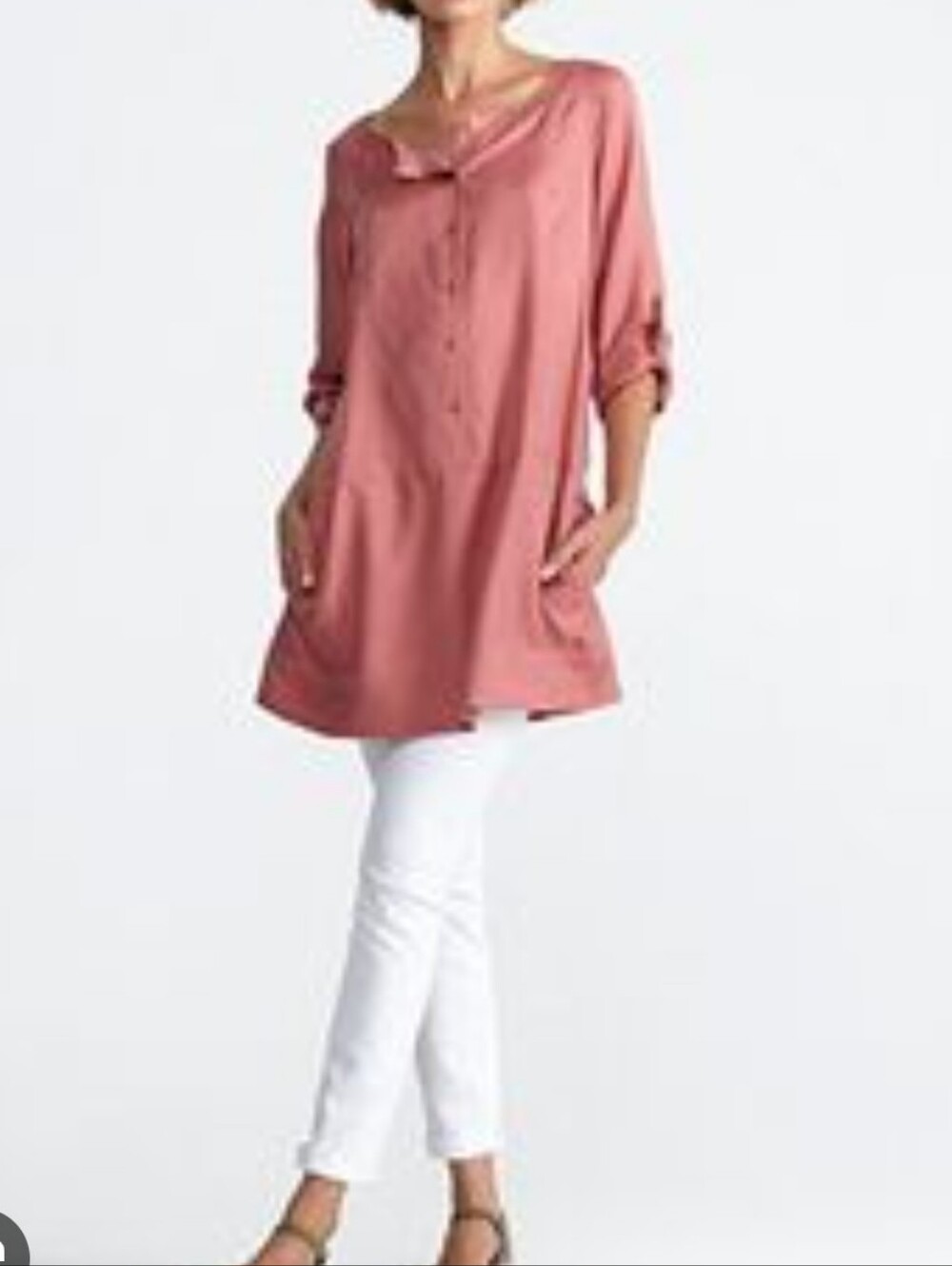 Eileen Fisher Button Down Tunic Shirt Dress Sanwashed Silk Twill 100% Silk Small